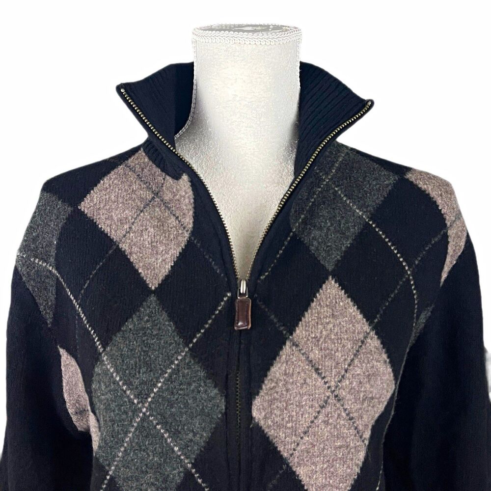 VTG J.Crew Women's XL Lambswool Knit Argyle Full Zip Sweater Mock Neck 90’S